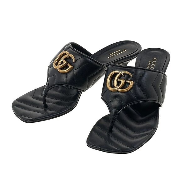 Gucci Marmont GG Padded Chevron Matelasse Sandal Heels Black Leather 38 EU - Picture 1 of 9
